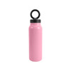 A drink bottle in pink stainless steel with a black magnetic phone holder on the cap and a logo.