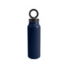 A drink bottle in navy blue, featuring a black lid and a magnetic phone holder. It has a logo on the bottle.