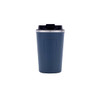 A drink bottle with a dark blue stainless steel finish and a black lid, featuring a logo.