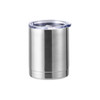 A drink bottle with a stainless steel finish, double wall insulation, and a clear plastic lid. Features a logo.