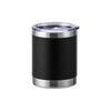 A drink bottle with a black stainless steel body and a clear lid, featuring a silver base and sleek design.