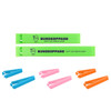 A set of medium food bag seal clips in green, pink, blue, and orange, featuring a logo.