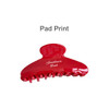 A red acetate hair clip with a curved design and multiple gripping teeth, featuring a logo.