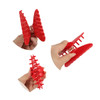 Three red acetate hair clips are shown from different angles, featuring a ribbed design and a clasp mechanism.