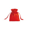 A red silk satin drawstring bag with tied closures at the top, featuring a smooth, shiny texture.