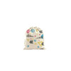 A patterned cotton linen drawstring bag featuring shapes in pink, blue, yellow, and black on a natural background.