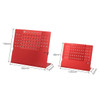 A red aluminium desk calendar with a sleek design, featuring a grid layout for days and dates, standing at two different sizes.