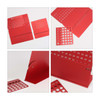 A red aluminium desk calendar featuring removable date panels and a sleek design. Includes a logo.