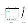Acrylic desk calendar and photo album organiser displaying a colourful calendar layout with a branding logo, in clear acrylic.