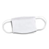 A reusable face mask in white with elastic ear straps and a branding logo.
