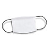 A reusable face mask in white with black ear straps, featuring a logo. Suitable for health and personal use.