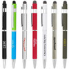 A collection of metal ballpoint pens in various colours, featuring unique designs and logos, including stylus tips.