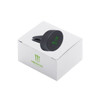 A black universal magnetic car mount in a white box with a logo, designed for holding phones securely.