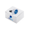 A silver and blue universal magnetic car mount in a white box featuring a logo.