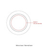 A circular diagram illustrating two zones, featuring a red outline and dimensions of 25 x 25 mm. Includes a label for "Mirror laser / Normal laser."