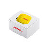 A yellow car phone mount is packaged in a white box featuring a logo. The mount is compact and square-shaped.