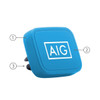 A blue universal magnetic car mount with a logo on the front, designed for holding phones securely in vehicles.