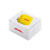 A yellow car phone mount in a white box, featuring a logo on the front.
