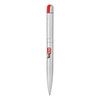 A metal ballpoint pen in silver with a red top and a logo. The design features a sleek, modern style.