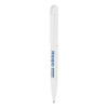 A metal ball pen in white with blue branding. It features a twist mechanism and a clip for easy attachment.