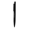 A black metal ballpoint pen with a sleek design and a clip, featuring a logo on its body.