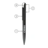 A metal ballpoint pen in black with a shiny silver top and a logo on the barrel.