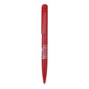 A red metal ballpoint pen with a clip and a logo on the barrel.