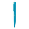 A turquoise metal ball pen with a sleek design and a clip. Features a logo on the barrel.