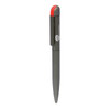 A metal ball pen featuring a grey body and a red cap, with a logo positioned on the side.