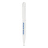 A white metal ball pen with a blue branding logo. The pen has a sleek, minimalist design.