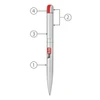 A silver metal ball pen with a red clip and branding. It features a sleek design suitable for writing.