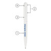 A white metal ballpoint pen with a twist mechanism and a branding logo.