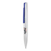 A slim, metallic ballpoint pen with a blue clip and a logo on the barrel.