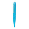 A blue metal ball pen with a sleek design and a clip, featuring a logo.