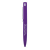 A purple metal ballpoint pen with a sleek design and a silver clip, featuring a logo and branding.