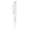 A slim, white metal ball pen with a silver clip and branding on the barrel.