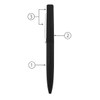 A black metal ballpoint pen with a sleek design and a clip, featuring a logo.