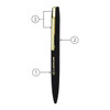 A slim black metal ball pen with gold accents and a logo, designed for writing.