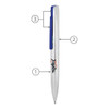 A slim, silver metal ball pen with a blue clip and branding on the side.