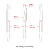 A metal ballpoint pen with a slim design, featuring a logo and marked zones for printing in white and red.