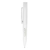 A slim, white metal ballpoint pen with a silver clip and branding.