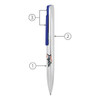 A silver slim twist metal ballpoint pen with a blue clip and branding on the side.