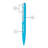 A slim blue metal ball pen with a clip and a branded logo.