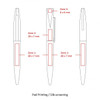 A slim, twist metal ball pen with a clip, depicted in various angles for branding and printing zones.