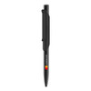 A black metal ball pen with a clip, featuring a logo on its body.