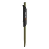 A green metal ballpoint pen with a black clip and a logo on the clip.