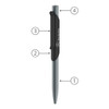 A metal ballpoint pen in silver with a black grip and clip, featuring a logo.