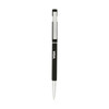 A black metal pen with a silver clip, featuring a logo.