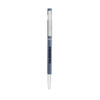 A slim metal pen in grey with a silver clip and a logo on the barrel.