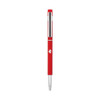 A red metal pen with a chrome clip and a branding logo.